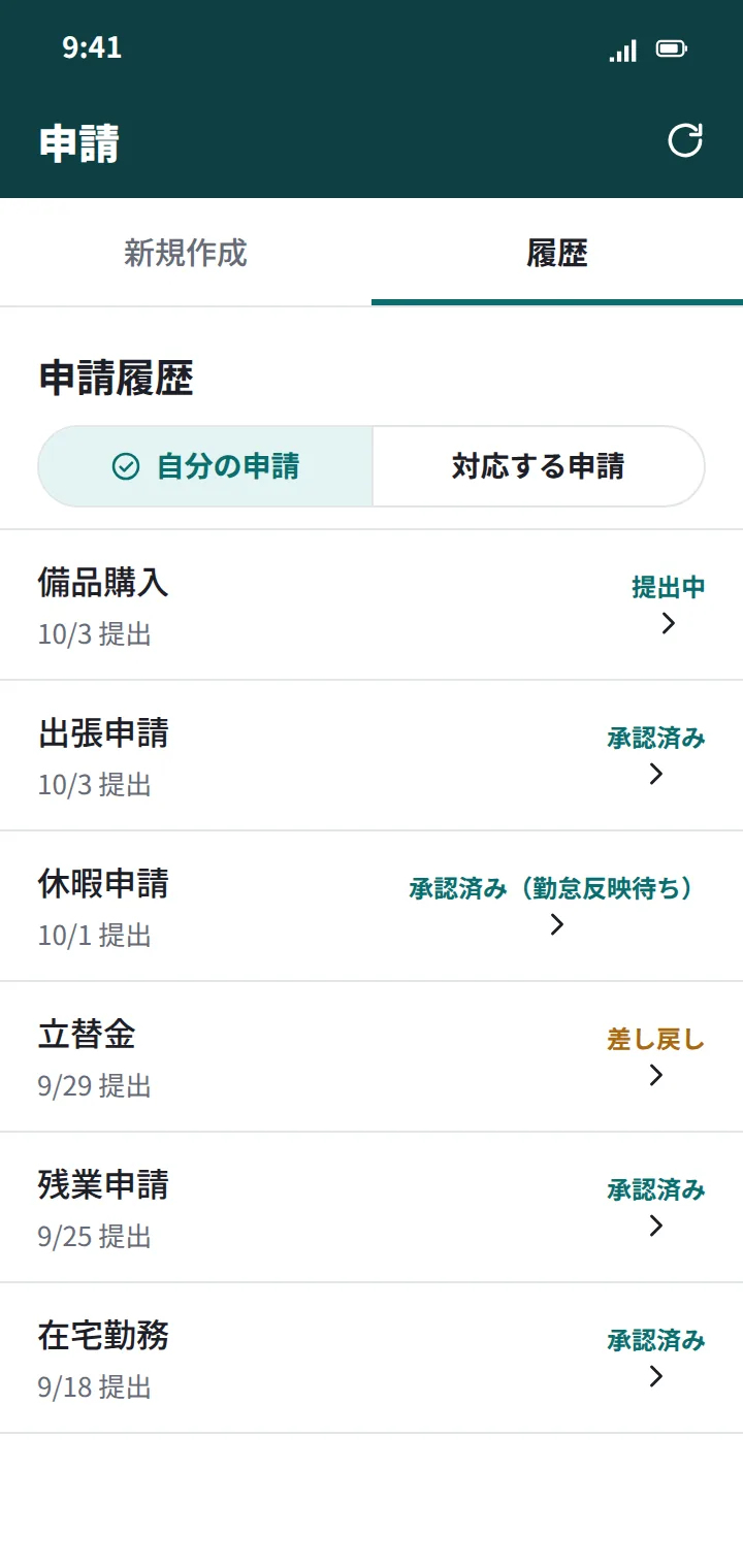 社員アプリの申請履歴